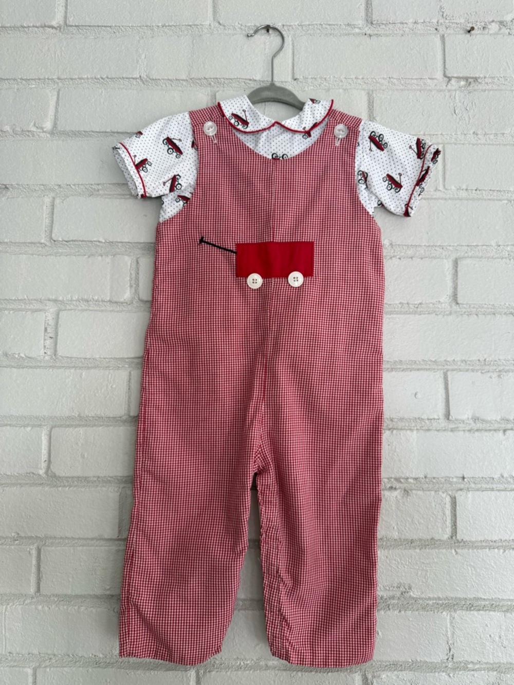 2 Piece Boutique Boys Gingham Outfit Set Longall Overalls Red Wagon